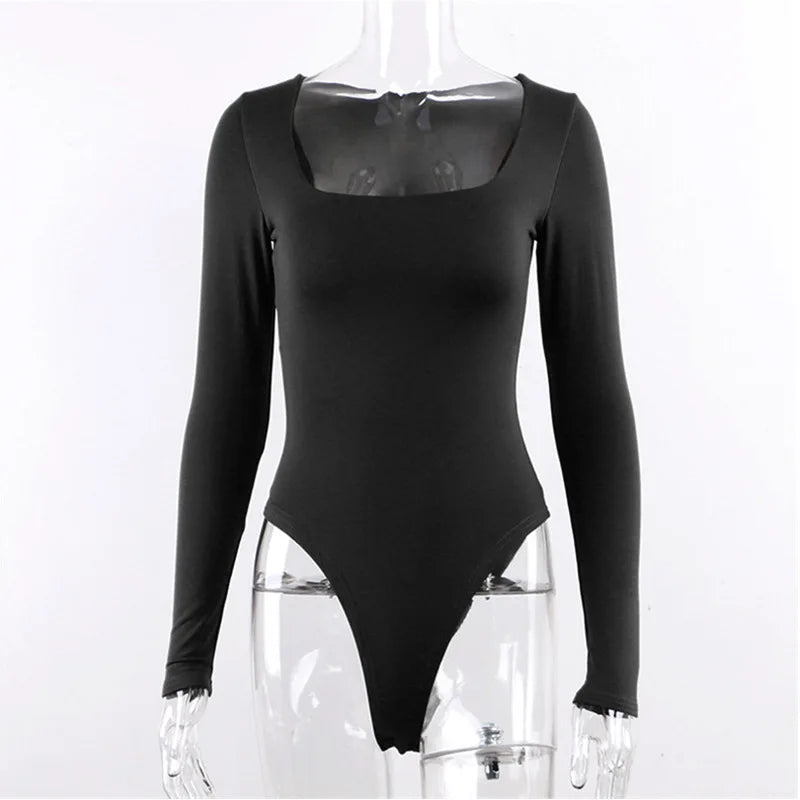 Bodysuit Long Sleeve Women Body streetwear dropshipping  Sexy Bodycon Square Neck Sheath Crotch Basic Black Overalls Top