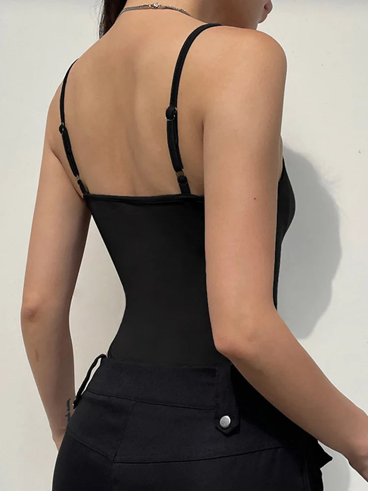 Sweetown Women's Sleeveless Skinny Shirring Bodysuit Black Spaghetti Strap Solid Simple Basic Sexy Camisole for Vacation