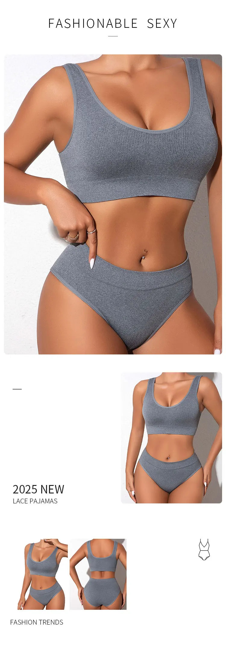 Women Underwear 2 Pcs Set Ribbed Seamless Low Rise Sexy Panties And Bras Sets Breathable Comfortable Female Underpants Lingerie