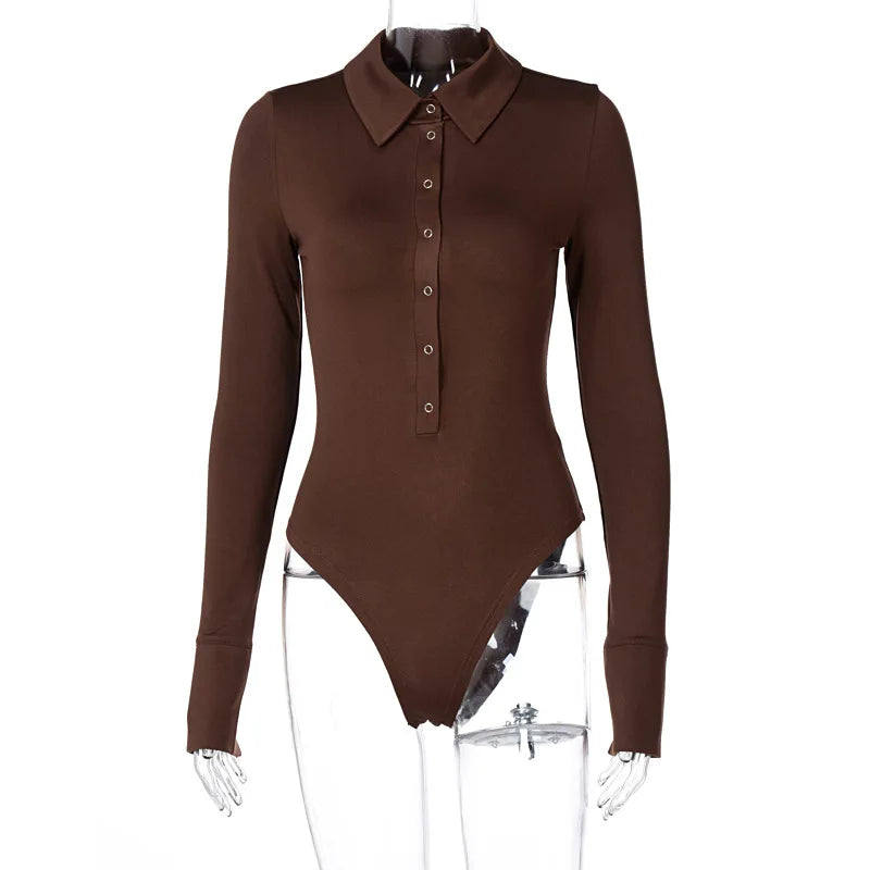 Single Breasted Bodysuit Long Sleeve One-Pieces Body Feminino Turndown Collar Lingerie Sexy Tops Women Elegant Clothes Slim Fit
