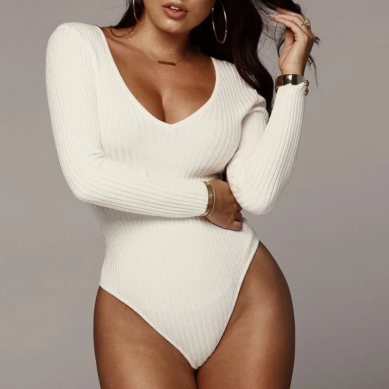 Sexy Women Bodysuit  Long Sleeve Slim Fit Casual Knitted Bandage Body Top Ladies Long Sleeve Leotard Stretch Autumn Romper