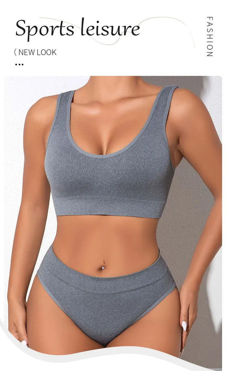 Women Underwear 2 Pcs Set Ribbed Seamless Low Rise Sexy Panties And Bras Sets Breathable Comfortable Female Underpants Lingerie