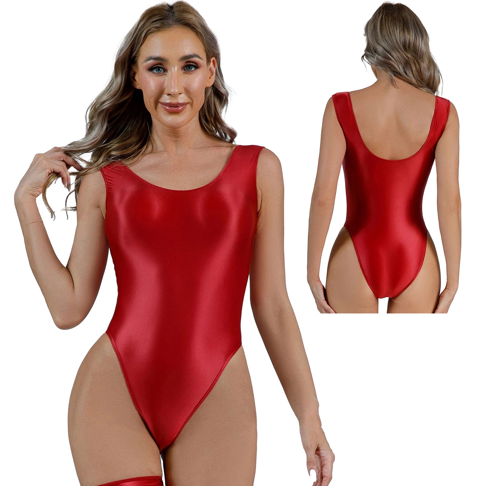 Womens Glossy High Cut Bodysuit Sexy Sleeveless Backless One-piece Swimwear Sports Workout Fitness Gymnastics Leotard Swimsuit