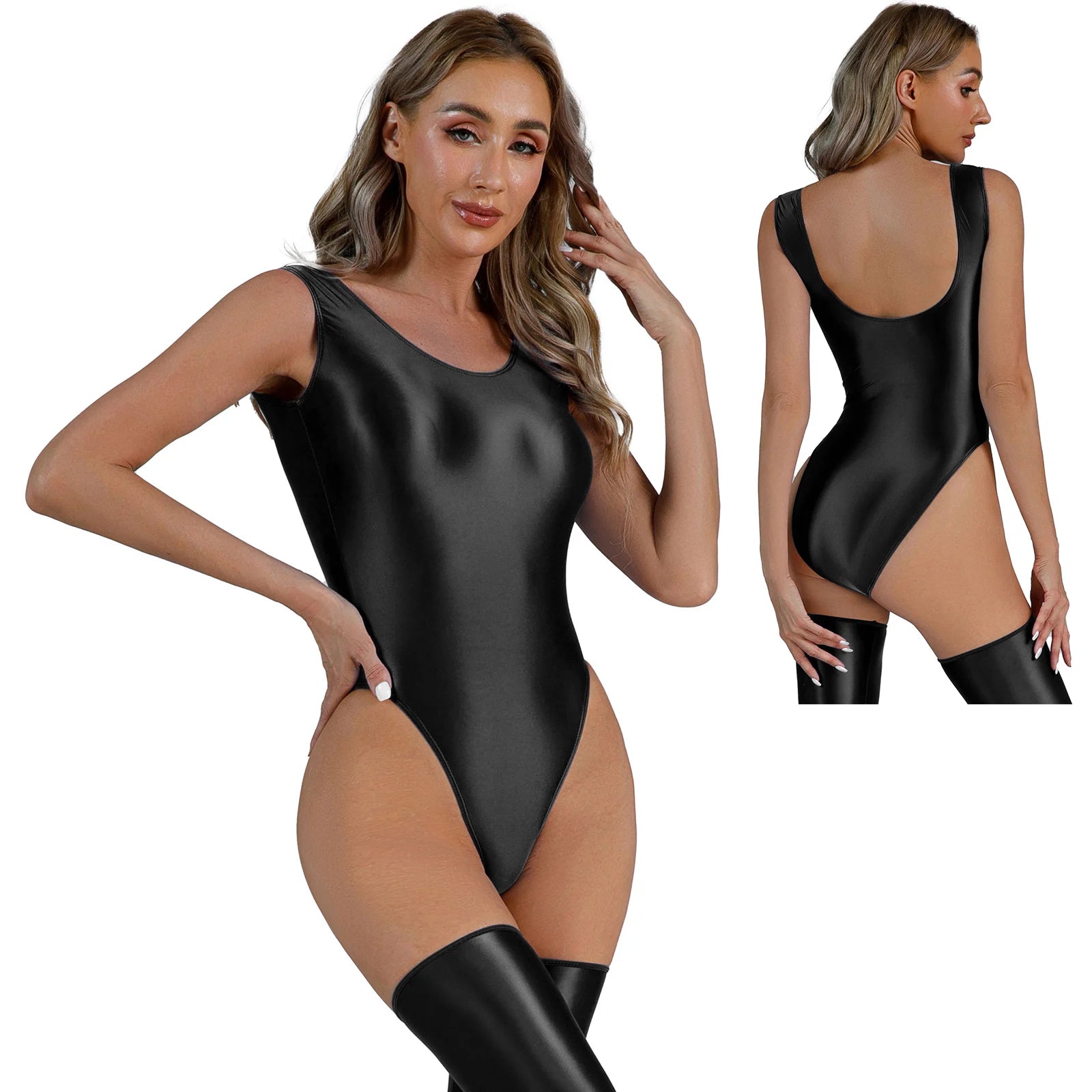 Womens Glossy High Cut Bodysuit Sexy Sleeveless Backless One-piece Swimwear Sports Workout Fitness Gymnastics Leotard Swimsuit