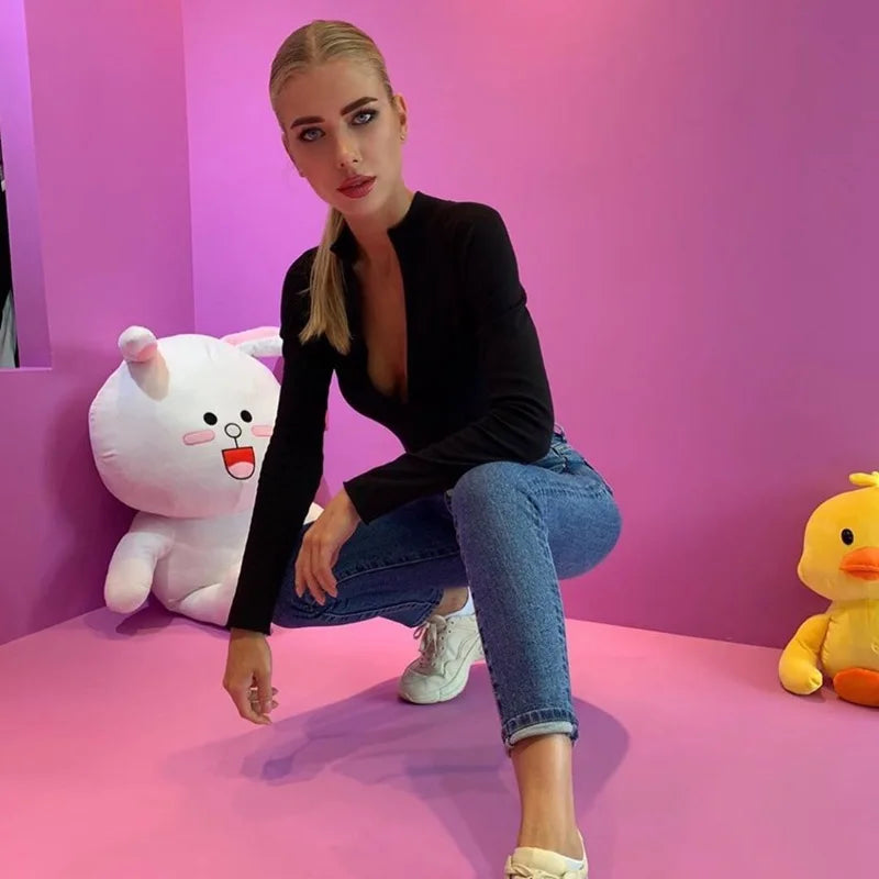 Sexy Long Sleeve Bodysuits Women Body Streetwear Sheath Crotch Basic Solid Overall Top Forefair Slim Goth Ropa Bodycon one-piece