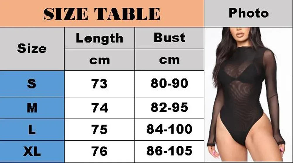 New Sexy See-Through Bodysuit for Women Long Sleeve Solid Color Fashion One-pieces Female Jumpsuits Bodysuits Slim Fit Clothing