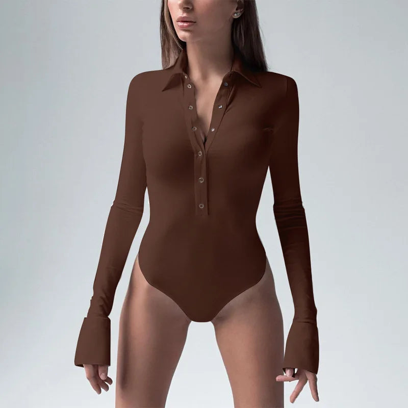 Single Breasted Bodysuit Long Sleeve One-Pieces Body Feminino Turndown Collar Lingerie Sexy Tops Women Elegant Clothes Slim Fit