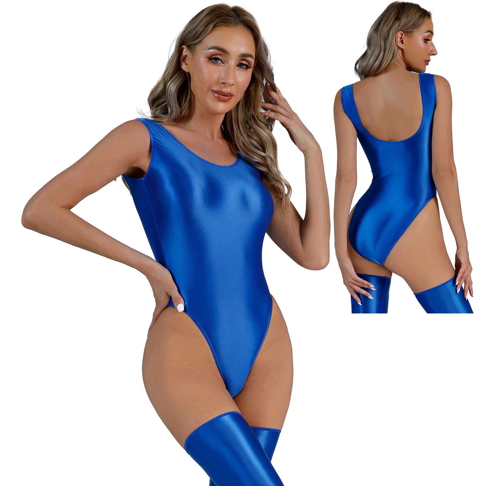 Womens Glossy High Cut Bodysuit Sexy Sleeveless Backless One-piece Swimwear Sports Workout Fitness Gymnastics Leotard Swimsuit