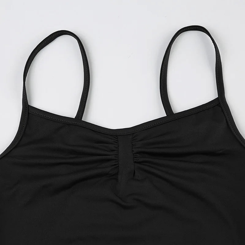 Sweetown Women's Sleeveless Skinny Shirring Bodysuit Black Spaghetti Strap Solid Simple Basic Sexy Camisole for Vacation