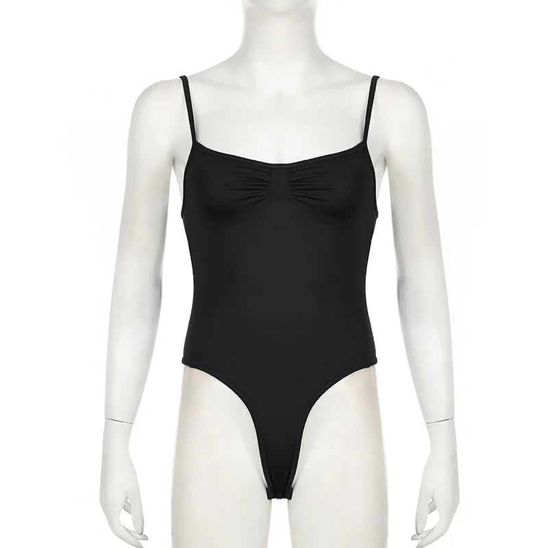 Sweetown Women's Sleeveless Skinny Shirring Bodysuit Black Spaghetti Strap Solid Simple Basic Sexy Camisole for Vacation