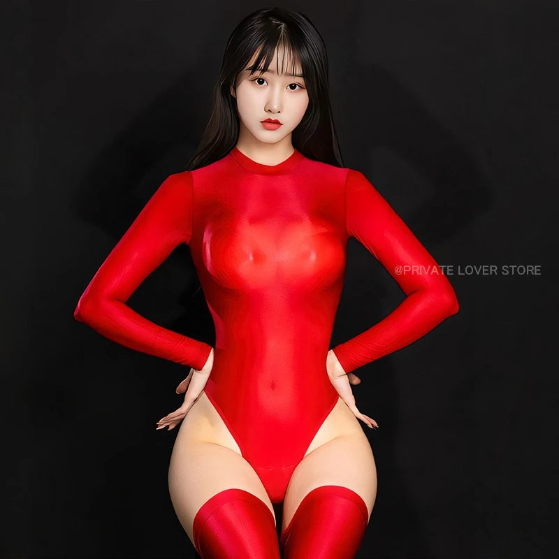 Sexy Oil Shiny Long Sleeve Bodysuit Women High Elastic Sheer Transparent Jumpsuit Tights Leotard Night clubWear Sex Porn Clothes