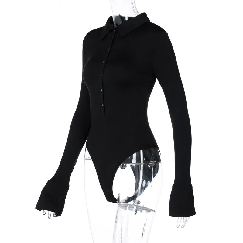 Single Breasted Bodysuit Long Sleeve One-Pieces Body Feminino Turndown Collar Lingerie Sexy Tops Women Elegant Clothes Slim Fit