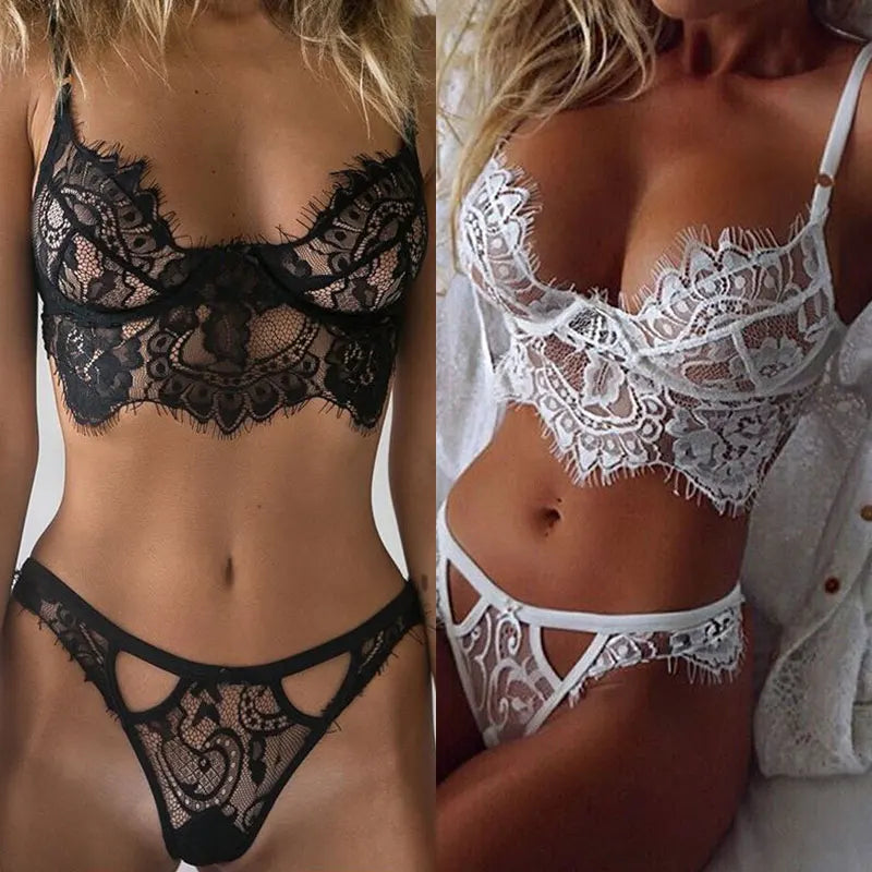 Women Sexy Lace Underwear Set See-Through Bra Thong Lingerie Briefs Female Underpants Black White Thin Bra Panties Suit