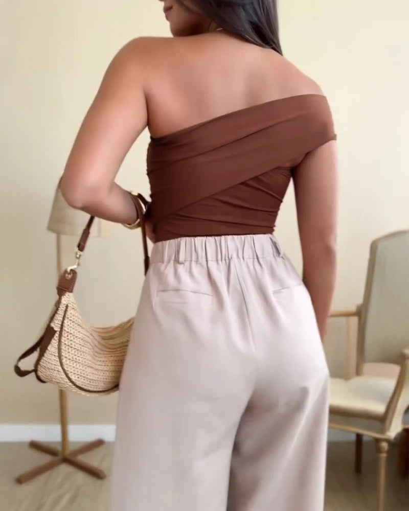 Bodysuit Women 2025 Summer New Solid One Shoulder with Heart Shape Decor Sleeveless Casual Ruched Slim-Fit Bodysuit Y2K Top