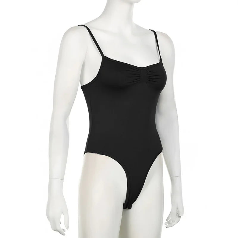 Sweetown Women's Sleeveless Skinny Shirring Bodysuit Black Spaghetti Strap Solid Simple Basic Sexy Camisole for Vacation