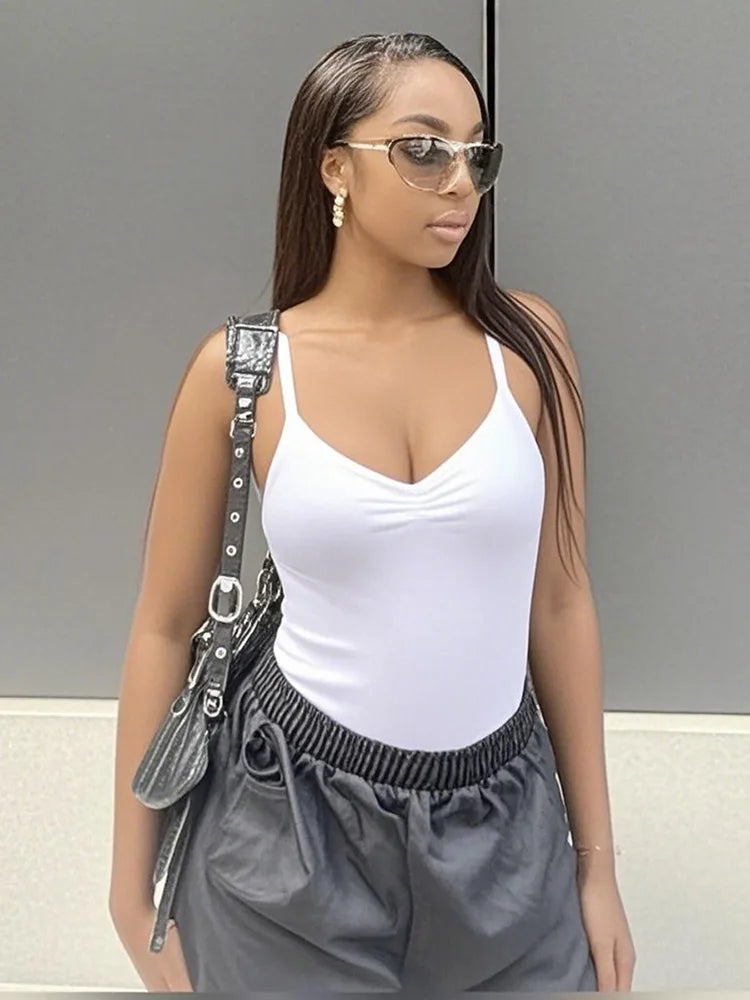 Sweetown Women's Sleeveless Skinny Shirring Bodysuit Black Spaghetti Strap Solid Simple Basic Sexy Camisole for Vacation