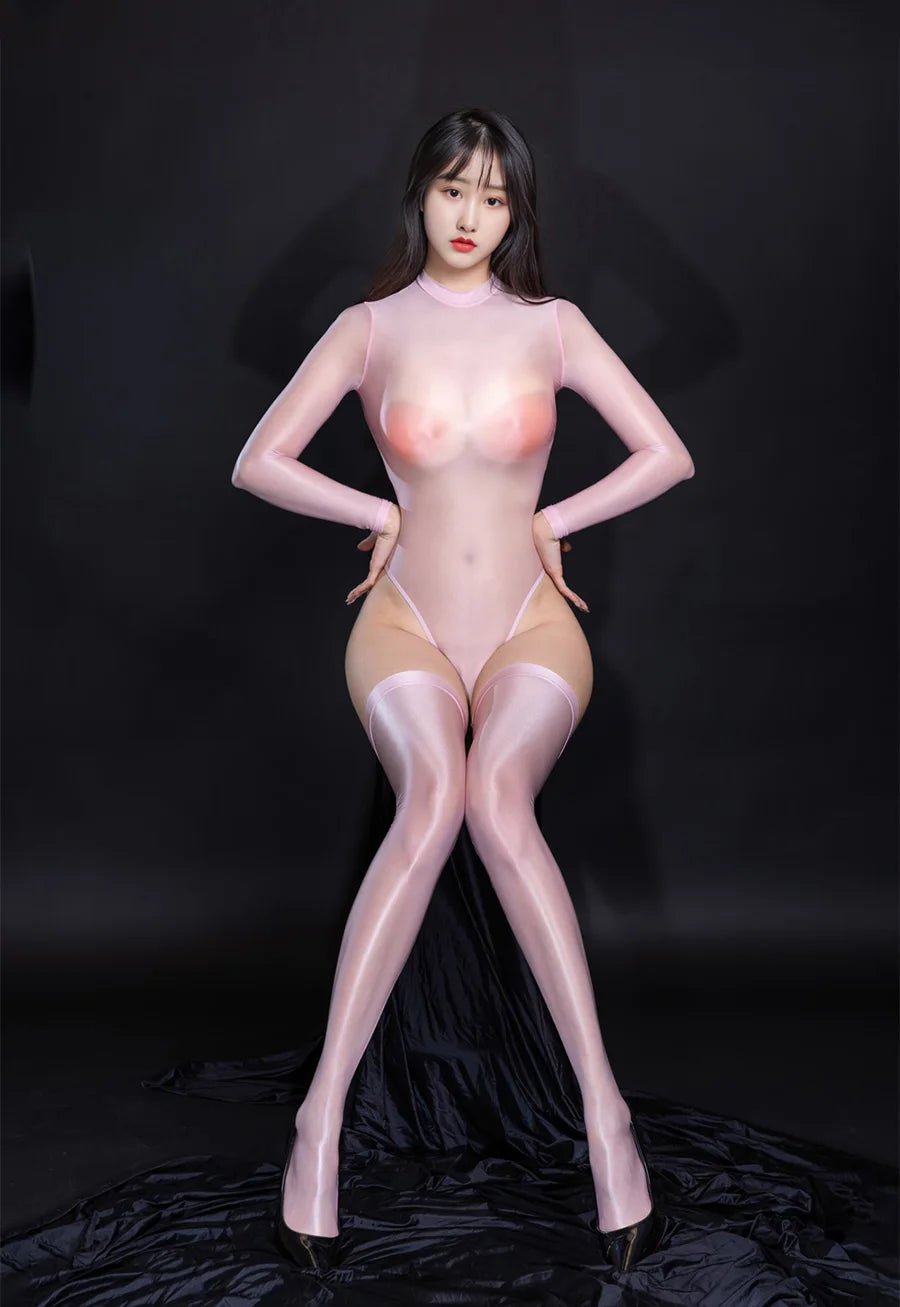 Sexy Oil Shiny Long Sleeve Bodysuit Women High Elastic Sheer Transparent Jumpsuit Tights Leotard Night clubWear Sex Porn Clothes