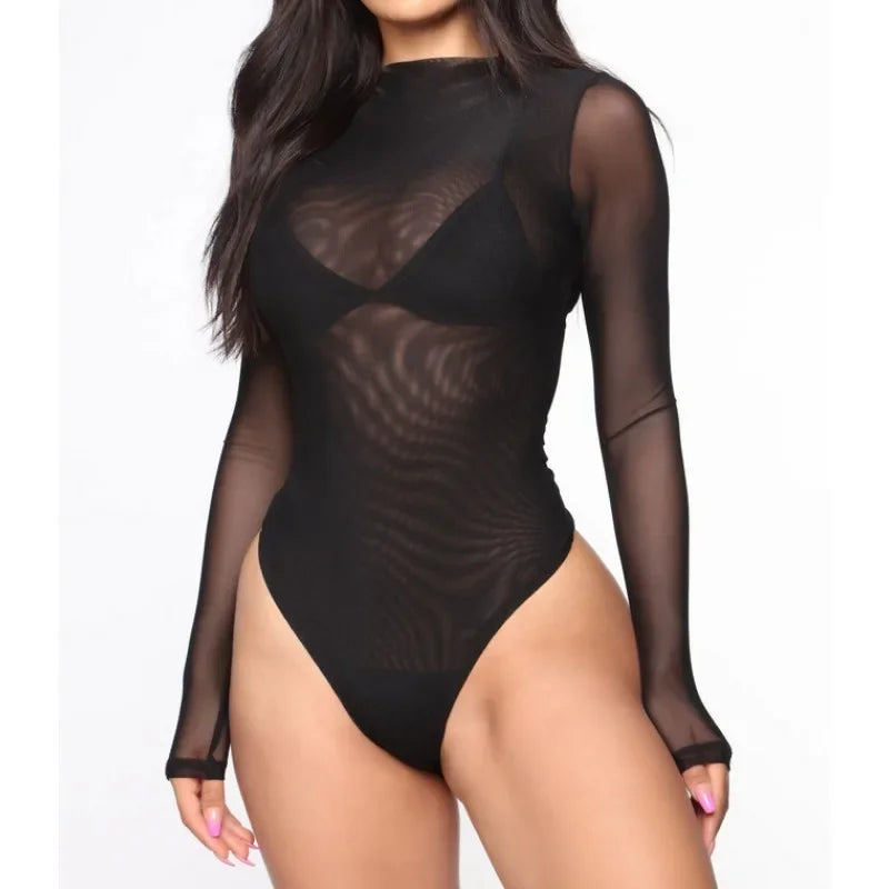 New Sexy See-Through Bodysuit for Women Long Sleeve Solid Color Fashion One-pieces Female Jumpsuits Bodysuits Slim Fit Clothing