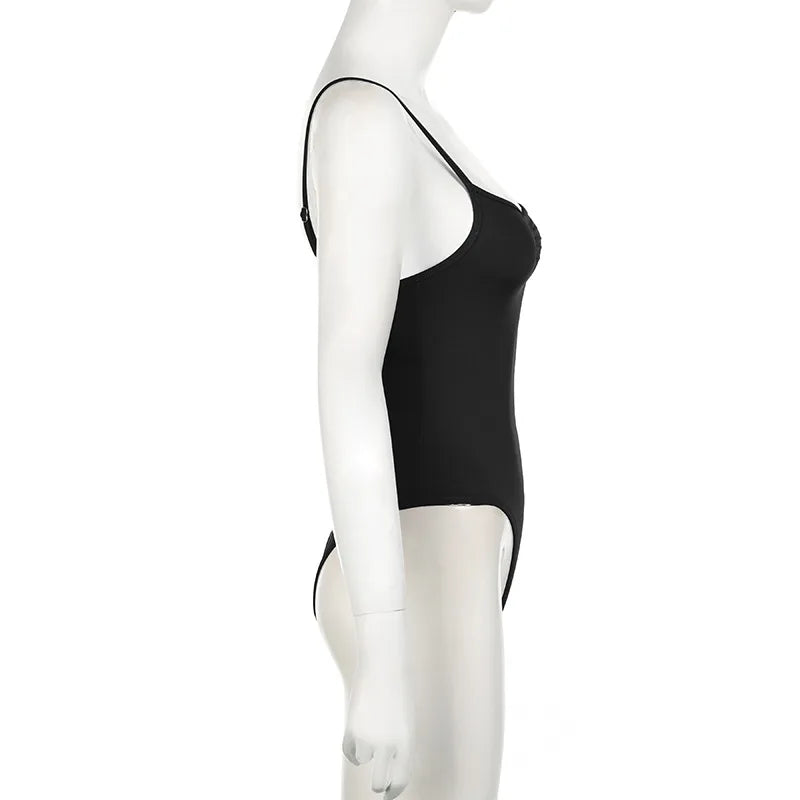 Sweetown Women's Sleeveless Skinny Shirring Bodysuit Black Spaghetti Strap Solid Simple Basic Sexy Camisole for Vacation