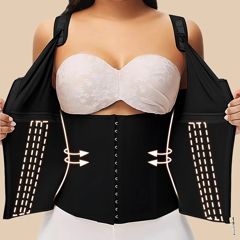 Shapewear Women Colombian Fajas Waist Trainer Tummy Control Vest Body Shaper 17 Steel Bones 3-Row Hooks Zipper Adjustable Strap