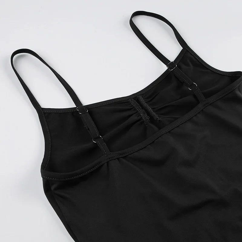 Sweetown Women's Sleeveless Skinny Shirring Bodysuit Black Spaghetti Strap Solid Simple Basic Sexy Camisole for Vacation