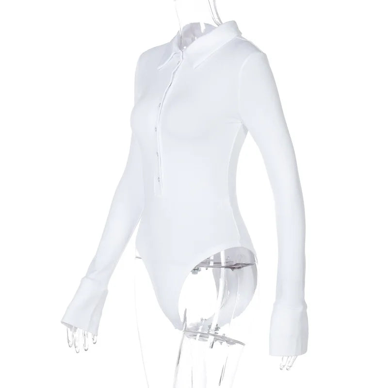 Single Breasted Bodysuit Long Sleeve One-Pieces Body Feminino Turndown Collar Lingerie Sexy Tops Women Elegant Clothes Slim Fit