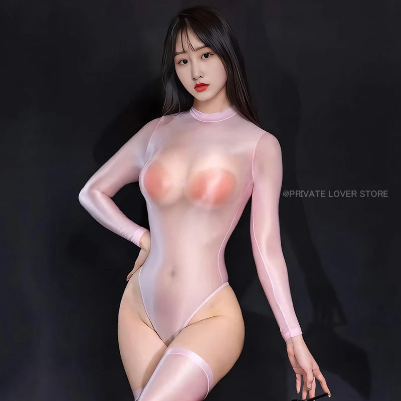 Sexy Oil Shiny Long Sleeve Bodysuit Women High Elastic Sheer Transparent Jumpsuit Tights Leotard Night clubWear Sex Porn Clothes