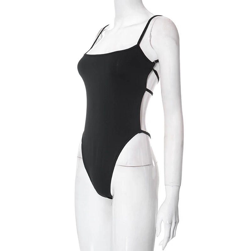 Criss Cross Backless Sexy Body Woman High Cut Thong Bodysuit Black Spaghetti Strap Cami Tops Summer One Piece Night Club Outfit