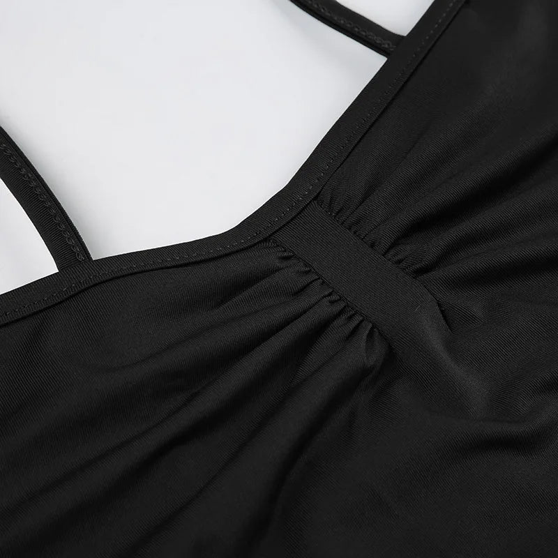 Sweetown Women's Sleeveless Skinny Shirring Bodysuit Black Spaghetti Strap Solid Simple Basic Sexy Camisole for Vacation