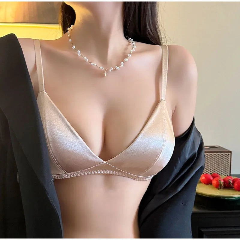 Women Sexy Underwear Triangular Cup Bra Set Small Chest Top Support Bra Comfortable Push Up Bra Breathable Seamless Underwear