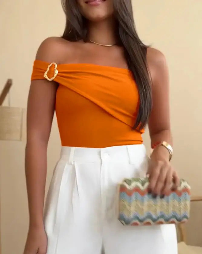 Bodysuit Women 2025 Summer New Solid One Shoulder with Heart Shape Decor Sleeveless Casual Ruched Slim-Fit Bodysuit Y2K Top