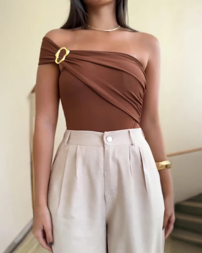 Bodysuit Women 2025 Summer New Solid One Shoulder with Heart Shape Decor Sleeveless Casual Ruched Slim-Fit Bodysuit Y2K Top