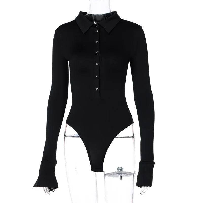 Single Breasted Bodysuit Long Sleeve One-Pieces Body Feminino Turndown Collar Lingerie Sexy Tops Women Elegant Clothes Slim Fit