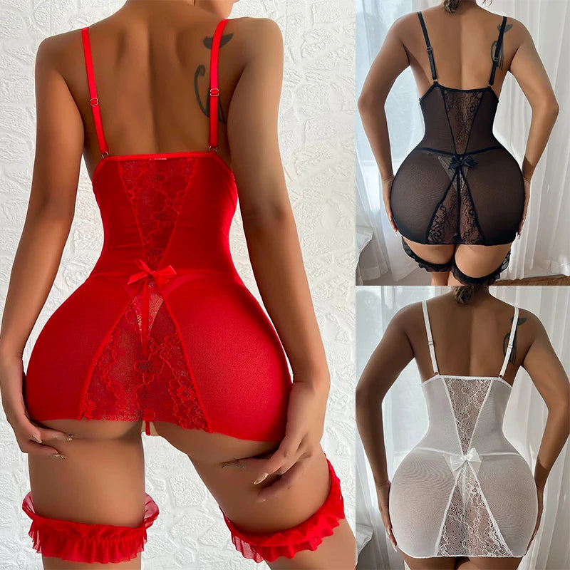 Sexy Underwear For Woman Red Mesh Transparent Bra Garters + Brief Set Sexy Crotchless Baby Doll Dress Deep V Erotic Lingerie Set