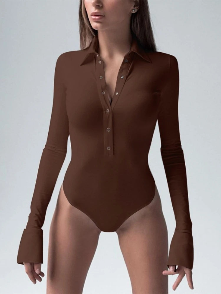 Single Breasted Bodysuit Long Sleeve One-Pieces Body Feminino Turndown Collar Lingerie Sexy Tops Women Elegant Clothes Slim Fit
