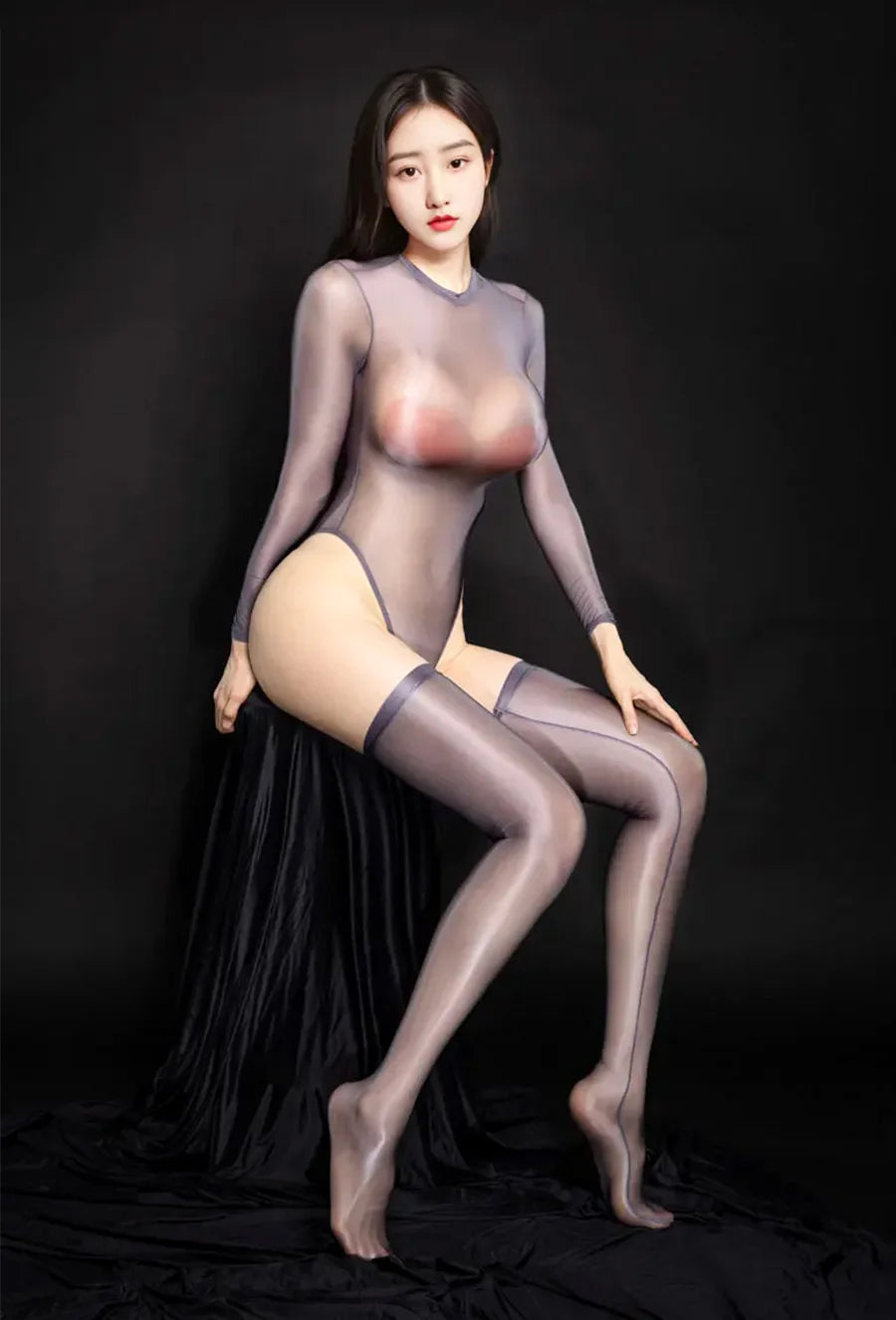 Sexy Oil Shiny Long Sleeve Bodysuit Women High Elastic Sheer Transparent Jumpsuit Tights Leotard Night clubWear Sex Porn Clothes