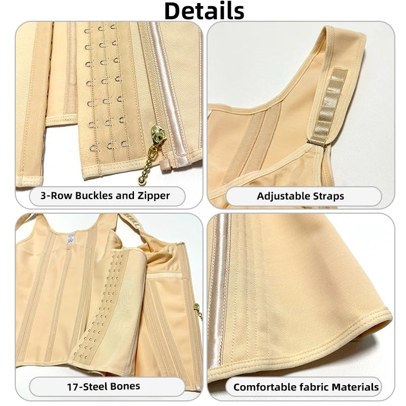 Shapewear Women Colombian Fajas Waist Trainer Tummy Control Vest Body Shaper 17 Steel Bones 3-Row Hooks Zipper Adjustable Strap