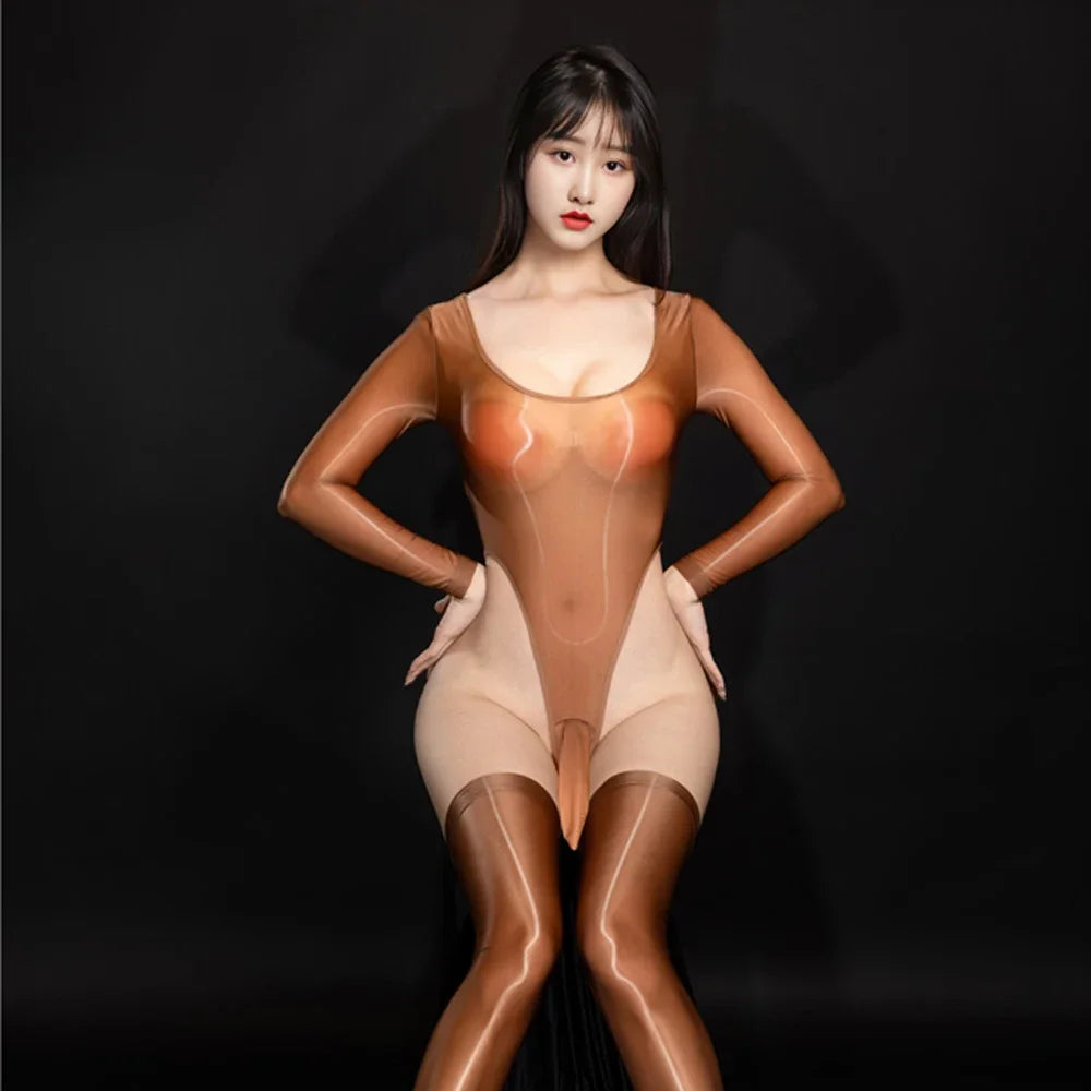 Exotic Bodysuit Tops Shiny Smooth Unisex Elephant Nost Sheath Thong Cut Tights Sexy Sheer See Through Leotard Elastic Unitard