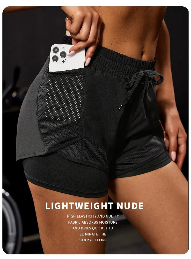 Women's Elastic Sports Shorts, Shorts With Pockets, Fake Two-Piece Yoga Leggings Running And Training