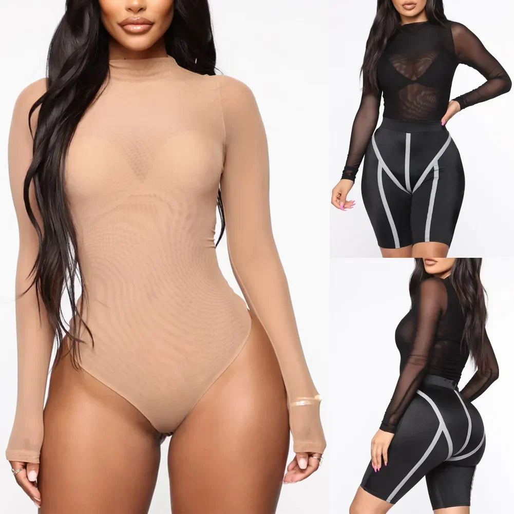 New Sexy See-Through Bodysuit for Women Long Sleeve Solid Color Fashion One-pieces Female Jumpsuits Bodysuits Slim Fit Clothing