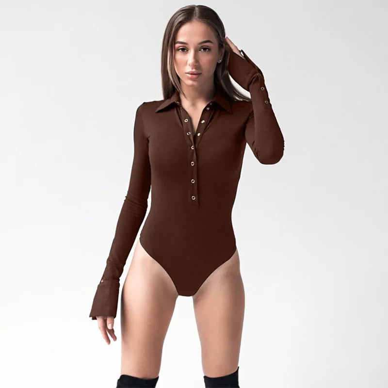 Single Breasted Bodysuit Long Sleeve One-Pieces Body Feminino Turndown Collar Lingerie Sexy Tops Women Elegant Clothes Slim Fit