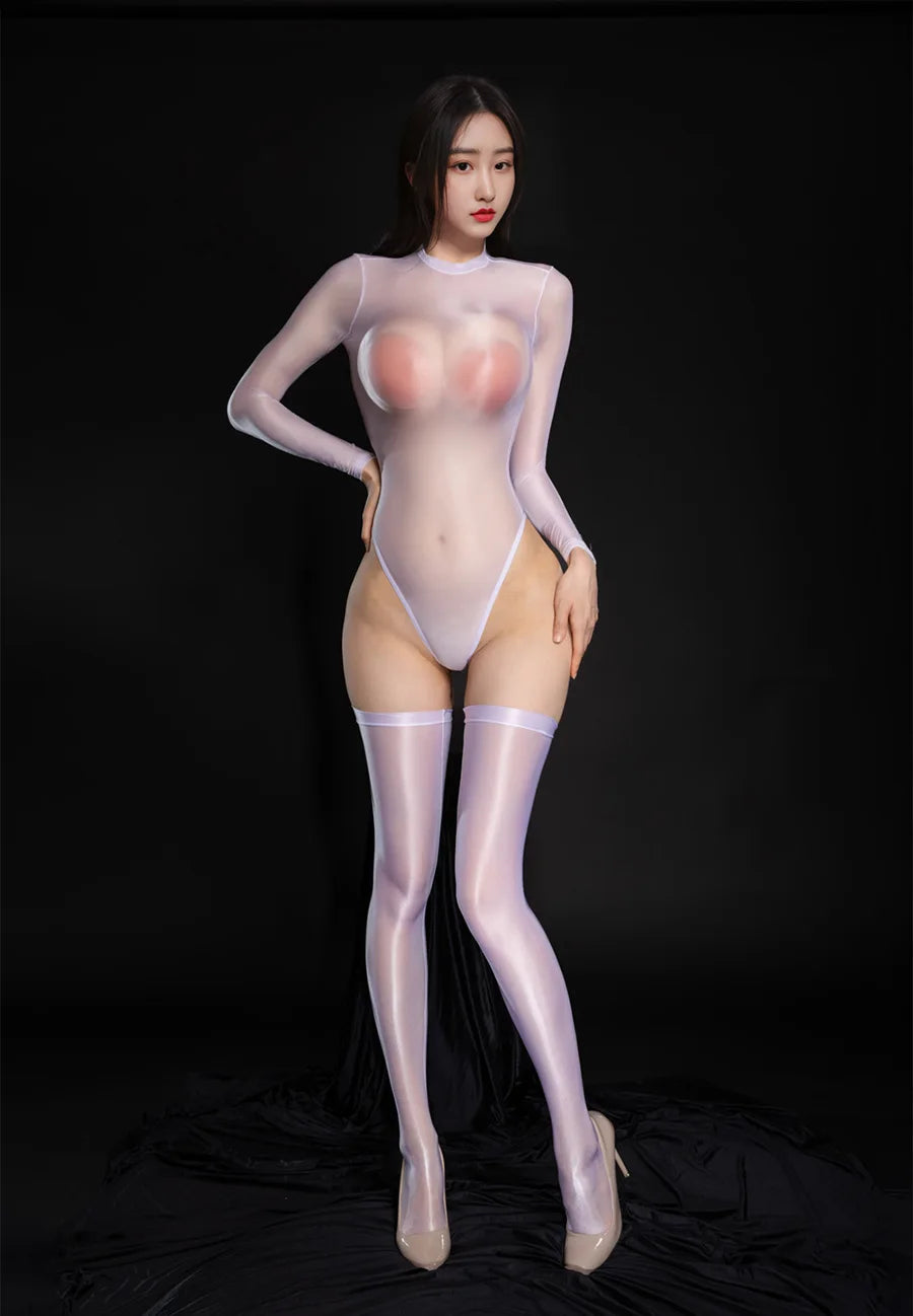 Sexy Oil Shiny Long Sleeve Bodysuit Women High Elastic Sheer Transparent Jumpsuit Tights Leotard Night clubWear Sex Porn Clothes