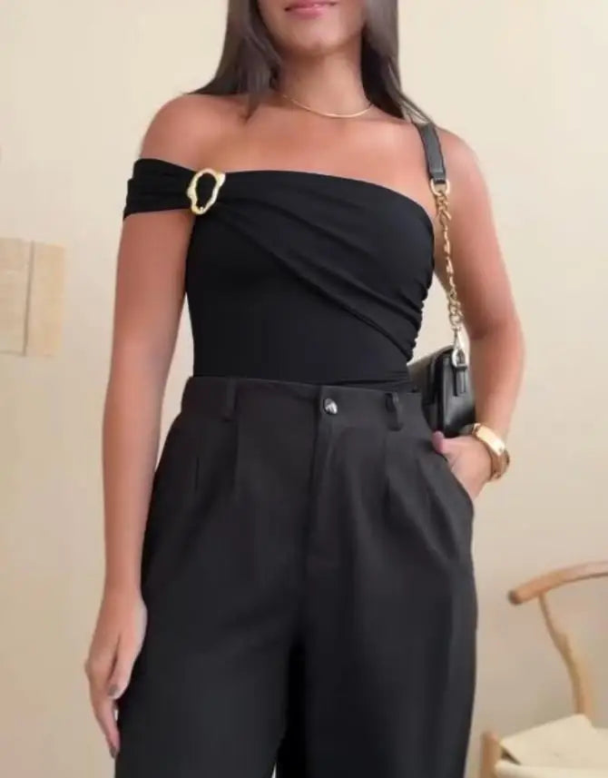 Bodysuit Women 2025 Summer New Solid One Shoulder with Heart Shape Decor Sleeveless Casual Ruched Slim-Fit Bodysuit Y2K Top