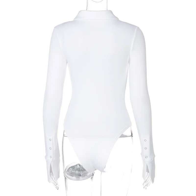 Single Breasted Bodysuit Long Sleeve One-Pieces Body Feminino Turndown Collar Lingerie Sexy Tops Women Elegant Clothes Slim Fit