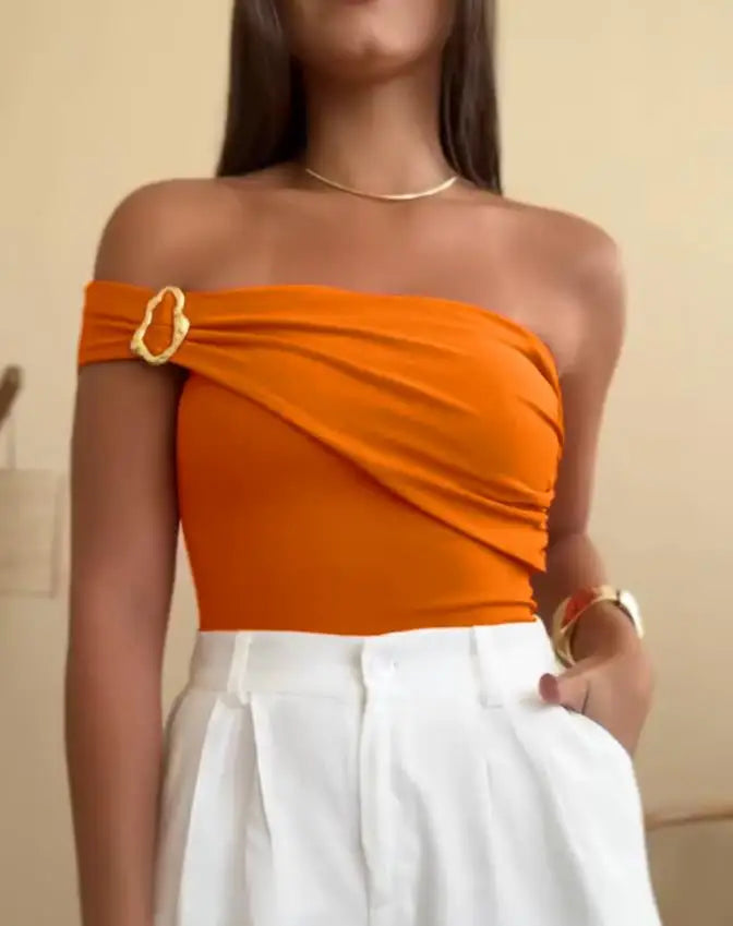 Bodysuit Women 2025 Summer New Solid One Shoulder with Heart Shape Decor Sleeveless Casual Ruched Slim-Fit Bodysuit Y2K Top