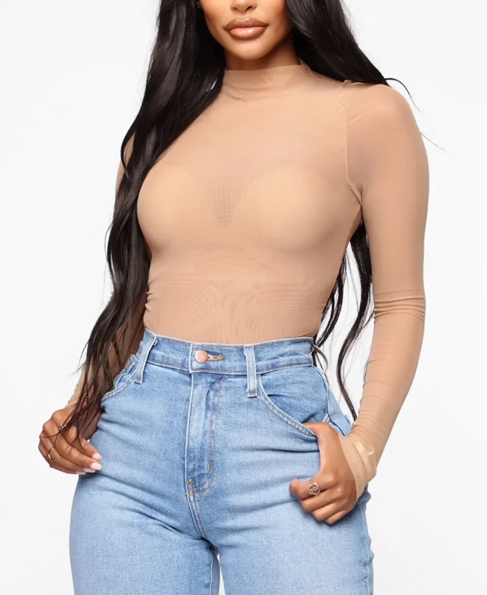 New Sexy See-Through Bodysuit for Women Long Sleeve Solid Color Fashion One-pieces Female Jumpsuits Bodysuits Slim Fit Clothing