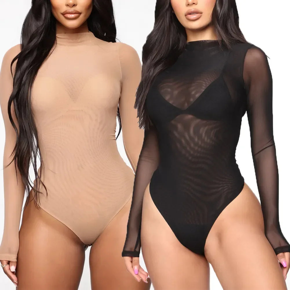 New Sexy See-Through Bodysuit for Women Long Sleeve Solid Color Fashion One-pieces Female Jumpsuits Bodysuits Slim Fit Clothing