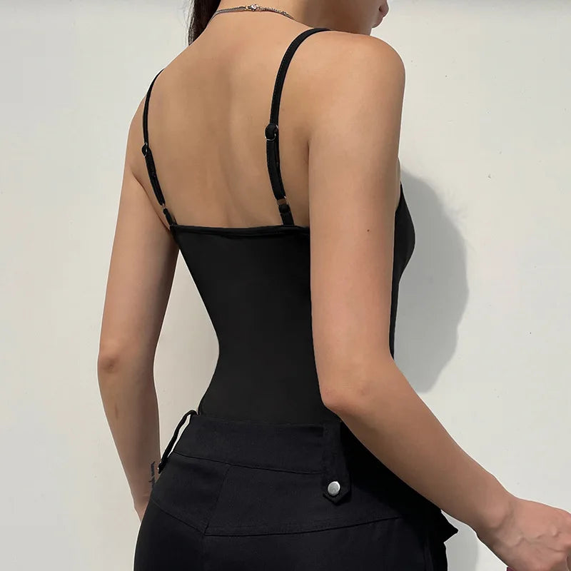 Sweetown Women's Sleeveless Skinny Shirring Bodysuit Black Spaghetti Strap Solid Simple Basic Sexy Camisole for Vacation