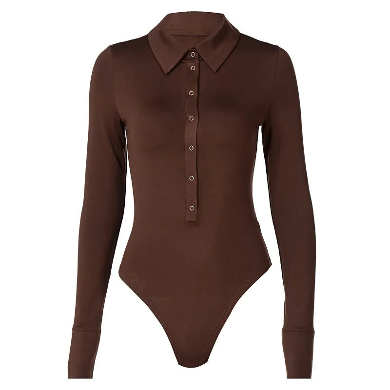 Single Breasted Bodysuit Long Sleeve One-Pieces Body Feminino Turndown Collar Lingerie Sexy Tops Women Elegant Clothes Slim Fit