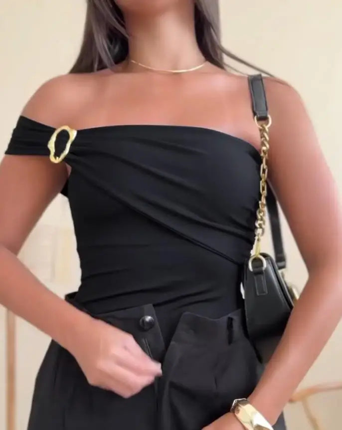 Bodysuit Women 2025 Summer New Solid One Shoulder with Heart Shape Decor Sleeveless Casual Ruched Slim-Fit Bodysuit Y2K Top